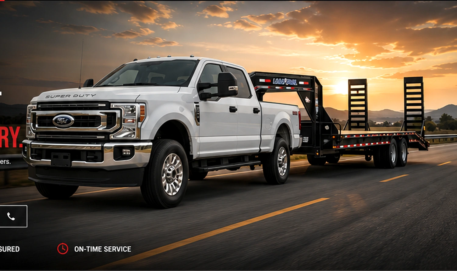 White Ford F-250 towing a 30-foot fifth-wheel trailer with mega ramps